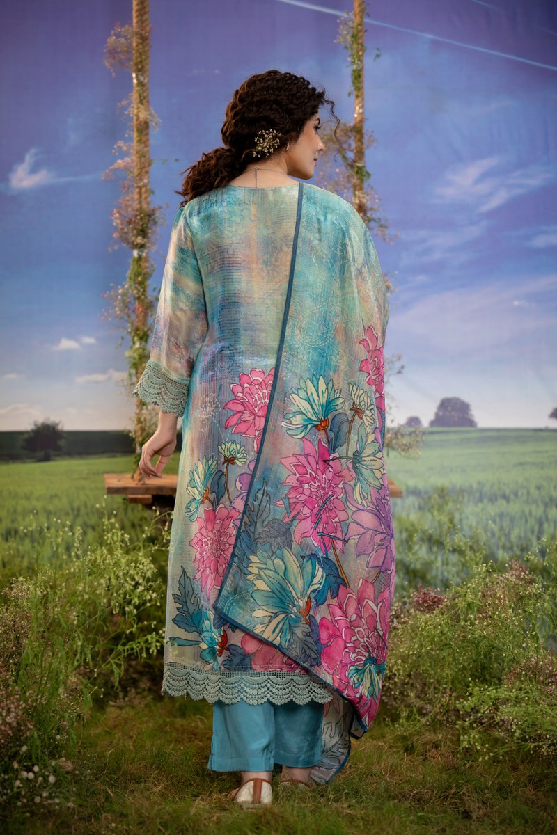 Turquoise Multicolor Floral Printed Muslin 3-Piece Kurta Set with Dupatta