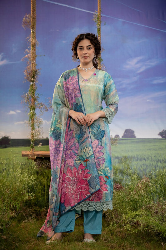 Turquoise Multicolor Floral Printed Muslin 3-Piece Kurta Set with Dupatta