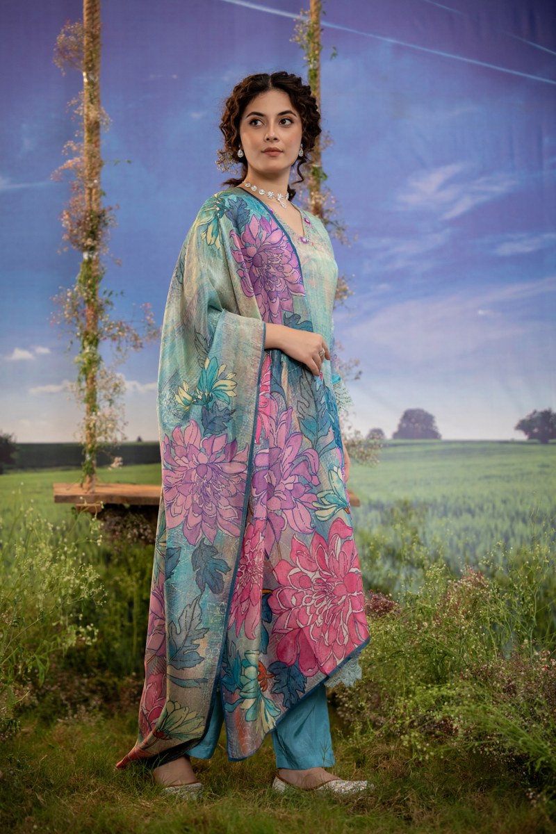 Turquoise Multicolor Floral Printed Muslin 3-Piece Kurta Set with Dupatta