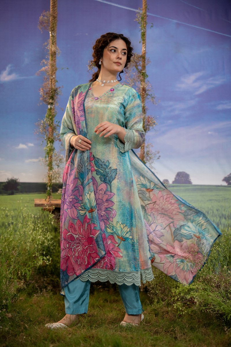 Turquoise Multicolor Floral Printed Muslin 3-Piece Kurta Set with Dupatta