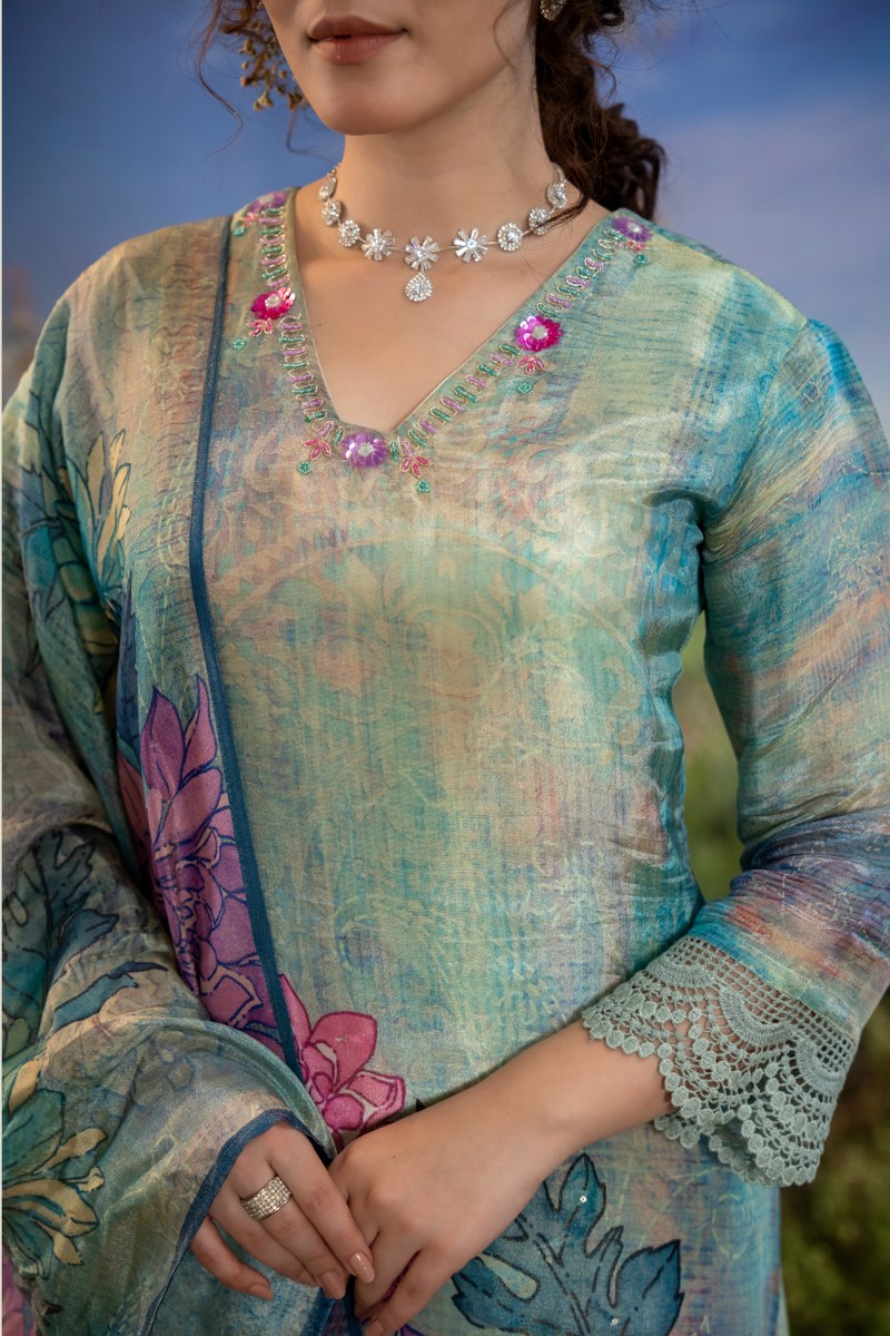 Turquoise Multicolor Floral Printed Muslin 3-Piece Kurta Set with Dupatta