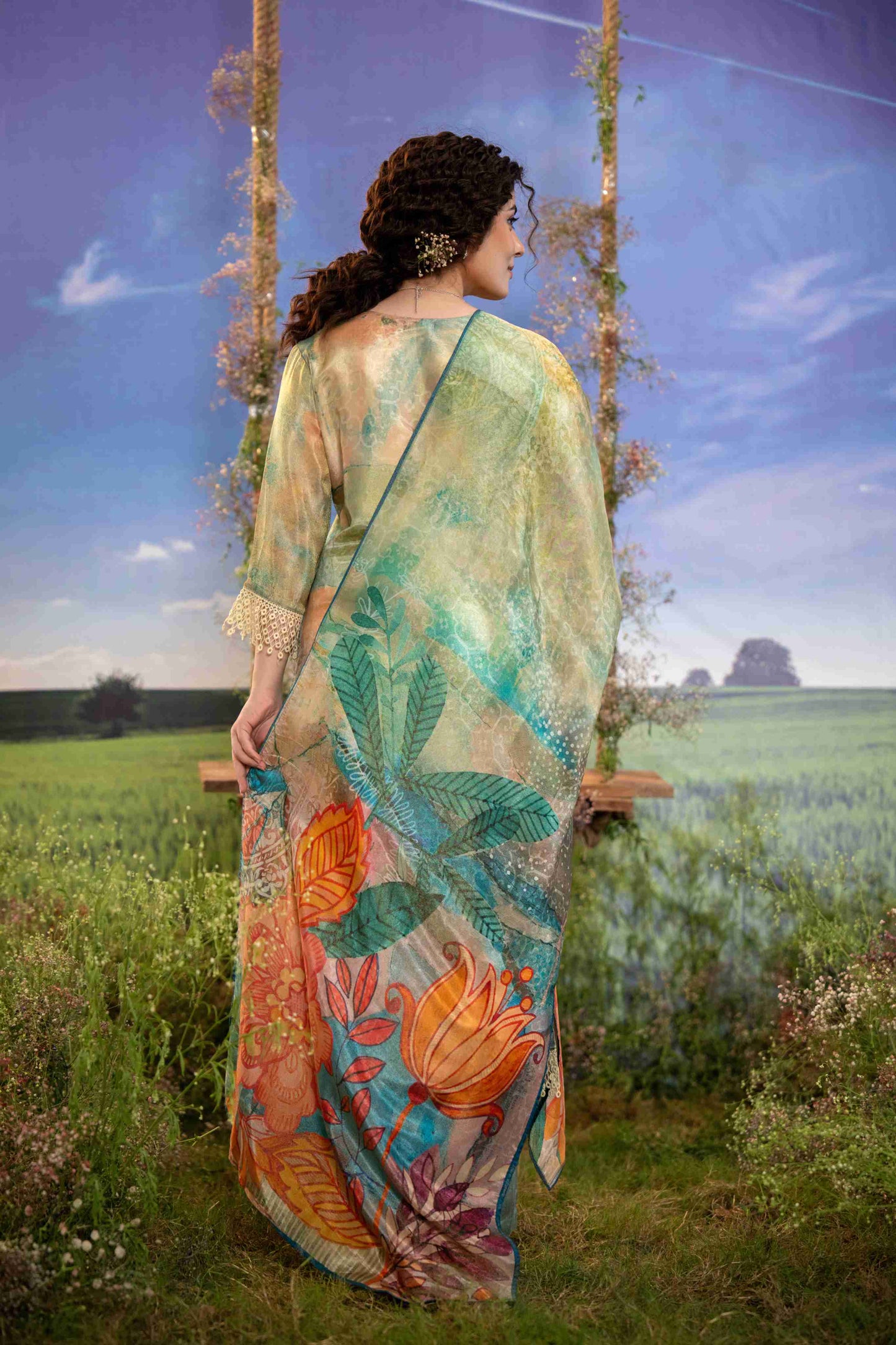 Pastel Green & Multicolor Floral Muslin 3-Piece Suit Set