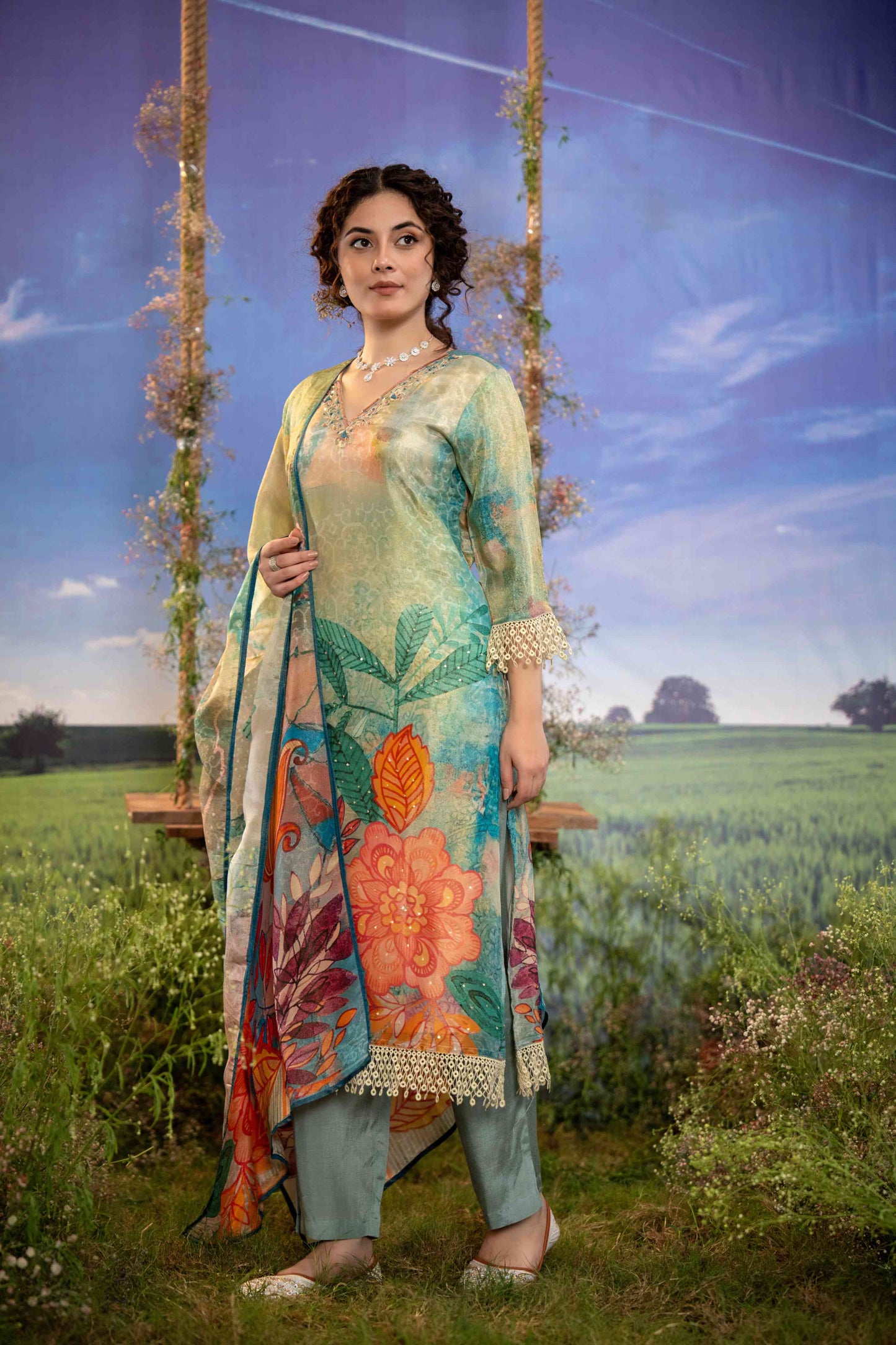 Pastel Green & Multicolor Floral Muslin 3-Piece Suit Set
