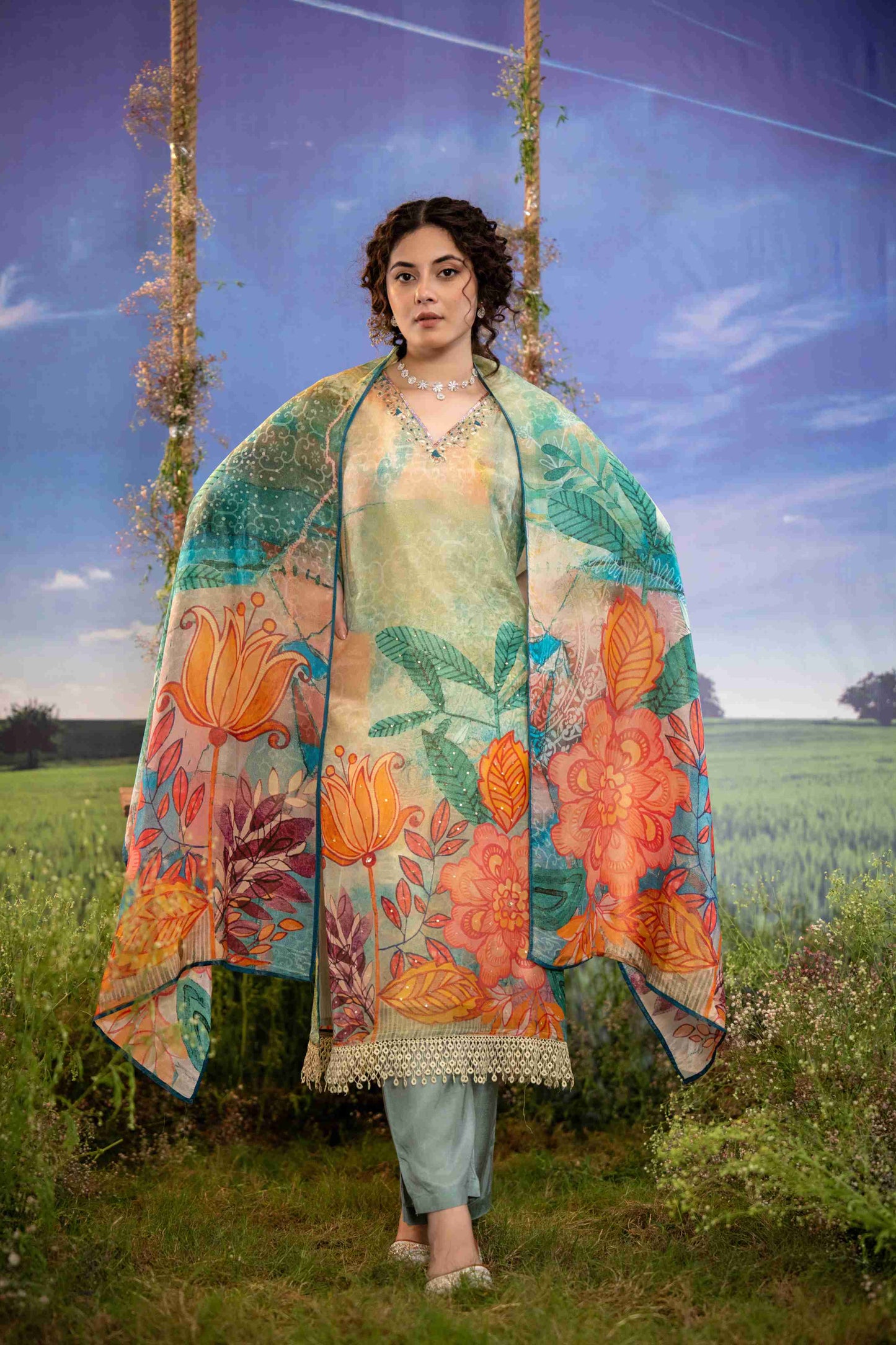 Pastel Green & Multicolor Floral Muslin 3-Piece Suit Set