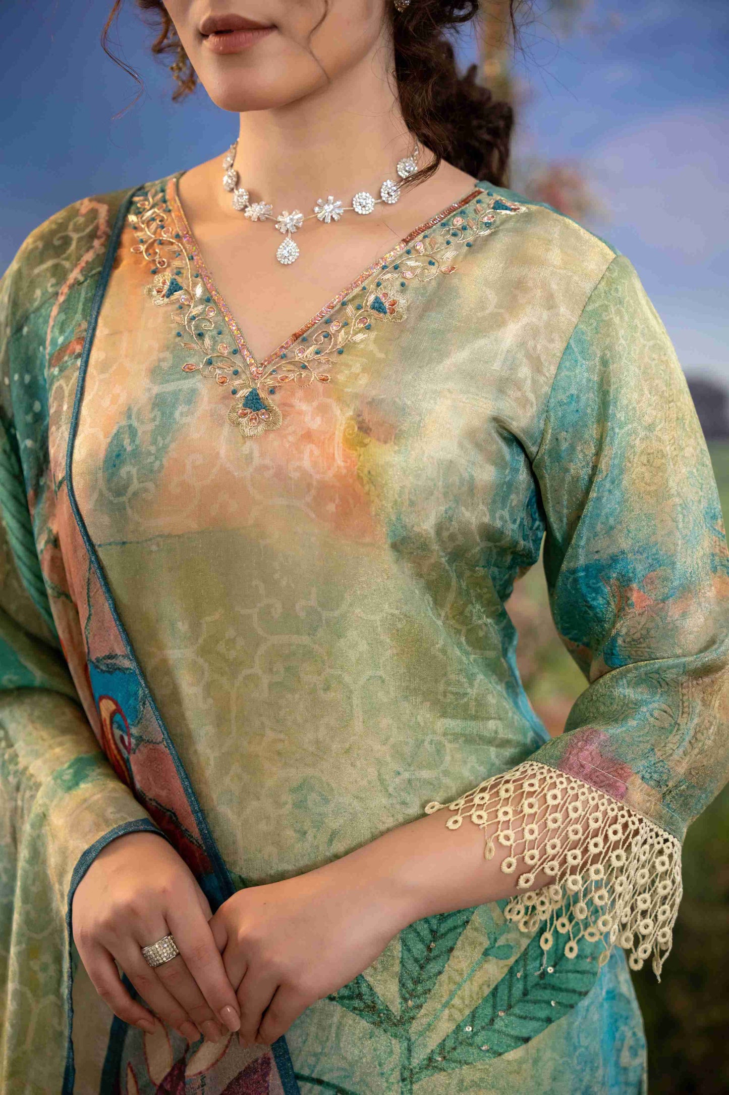 Pastel Green & Multicolor Floral Muslin 3-Piece Suit Set