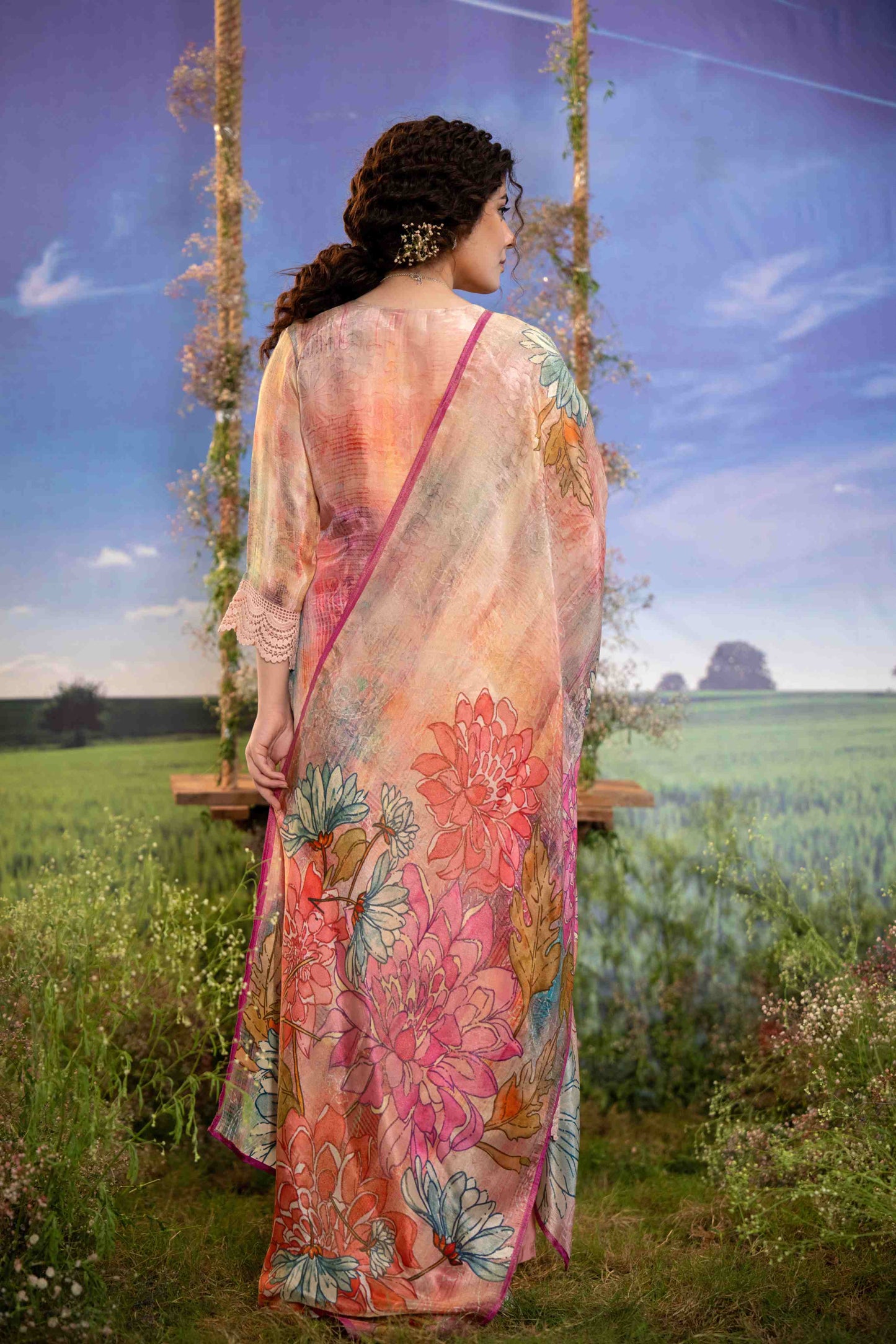 Peach & Pink Multicolor Floral Printed Muslin 3-Piece Kurta Set with Dupatta
