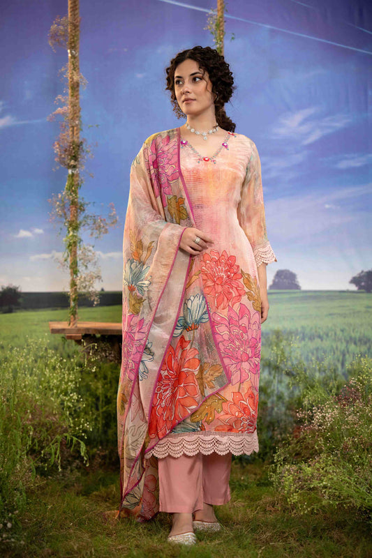 Peach & Pink Multicolor Floral Printed Muslin 3-Piece Kurta Set with Dupatta