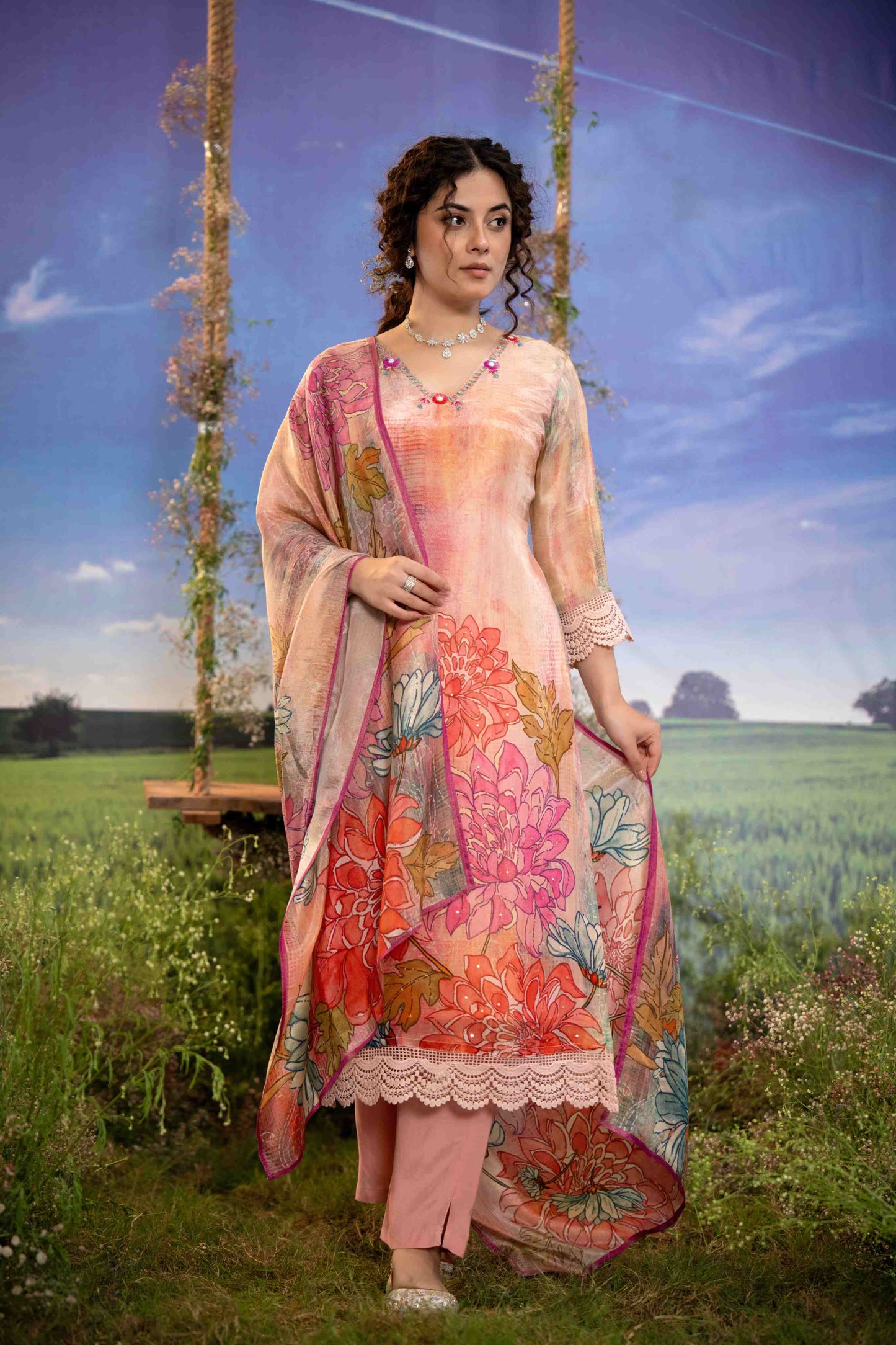 Peach & Pink Multicolor Floral Printed Muslin 3-Piece Kurta Set with Dupatta