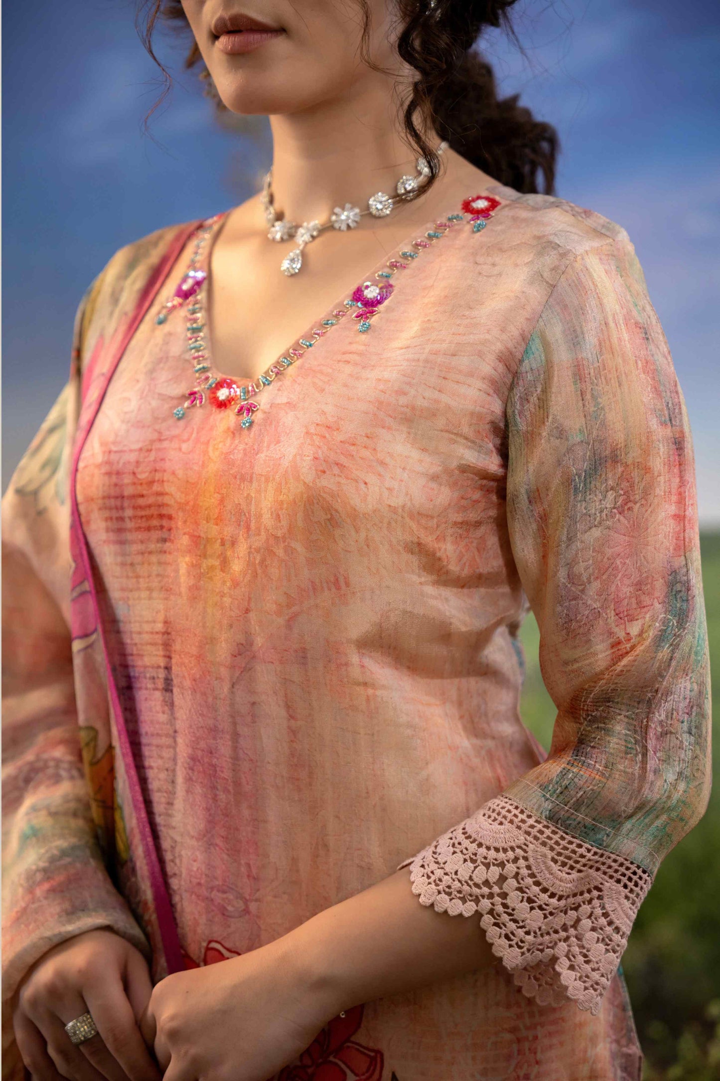 Peach & Pink Multicolor Floral Printed Muslin 3-Piece Kurta Set with Dupatta