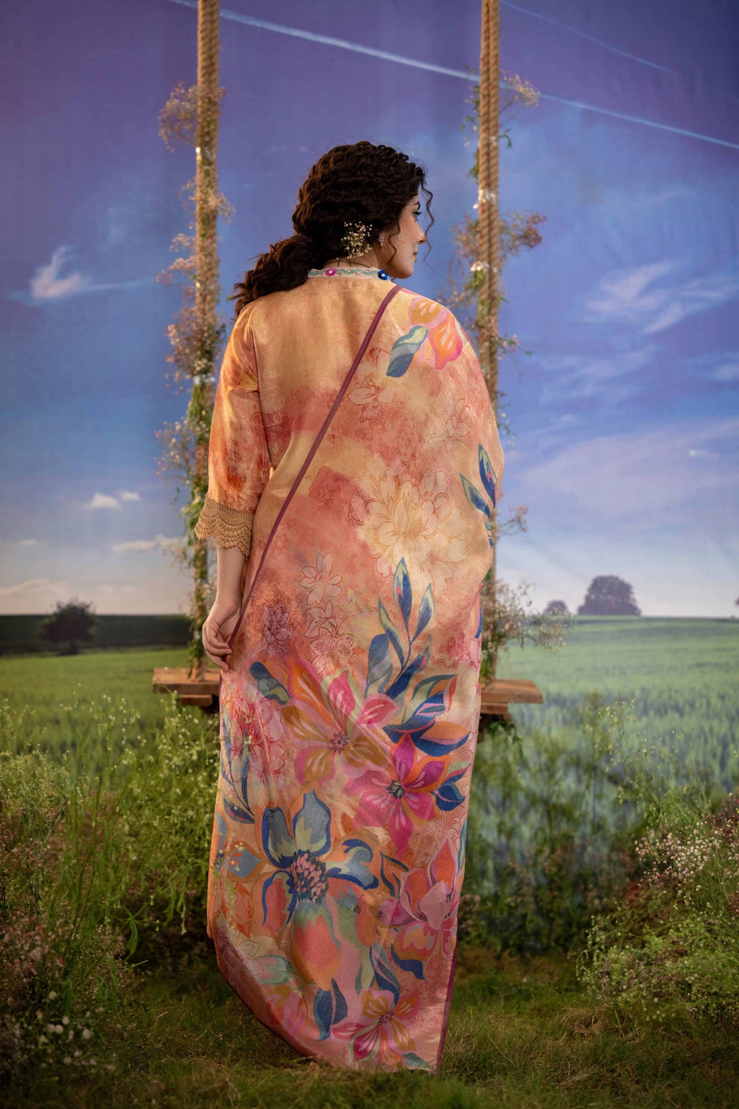 Peach Sunset Floral Muslin 3-Piece Kurta Set with Dupatta