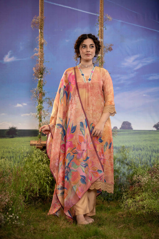 Peach Sunset Floral Muslin 3-Piece Kurta Set with Dupatta