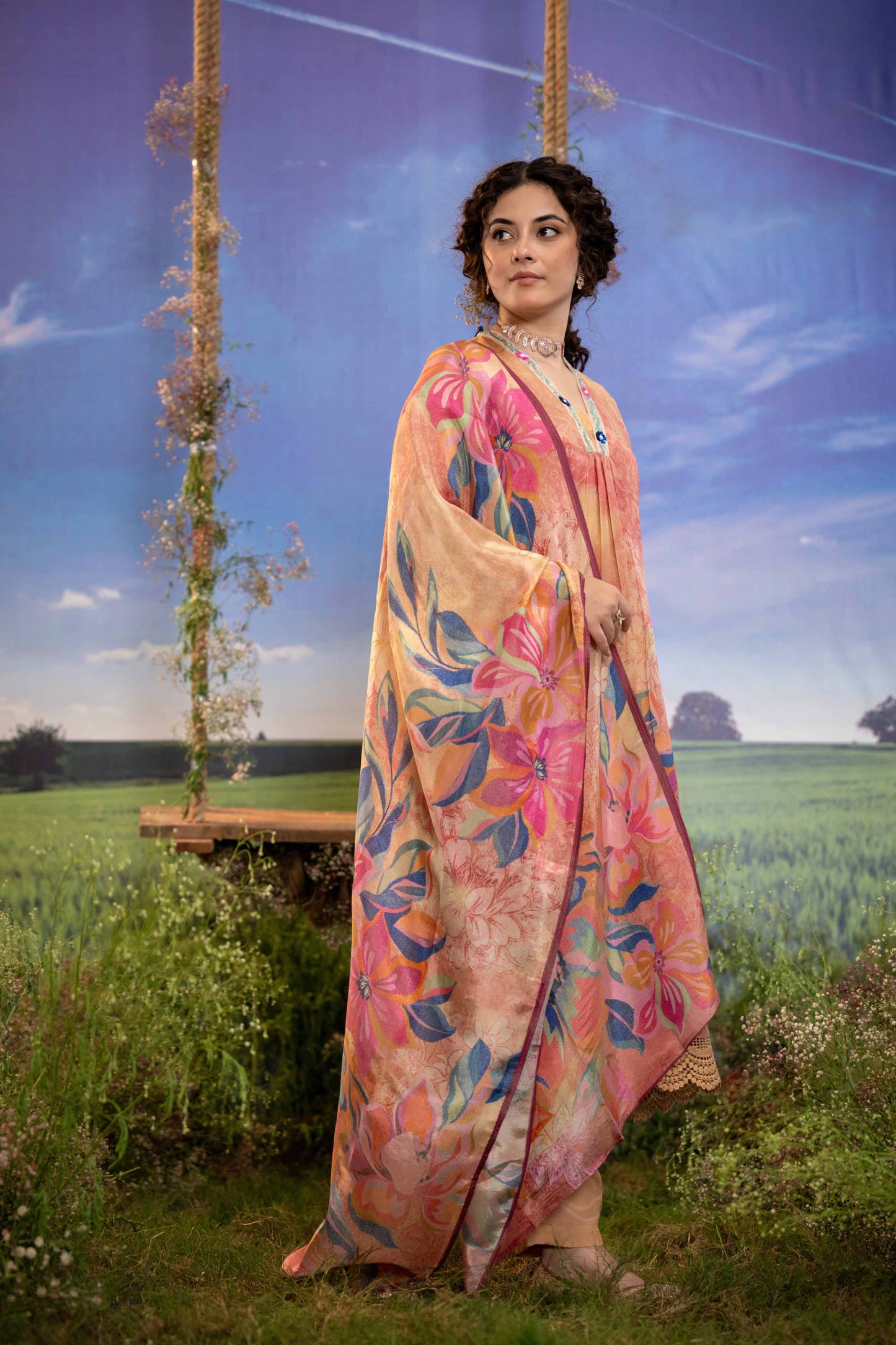 Peach Sunset Floral Muslin 3-Piece Kurta Set with Dupatta