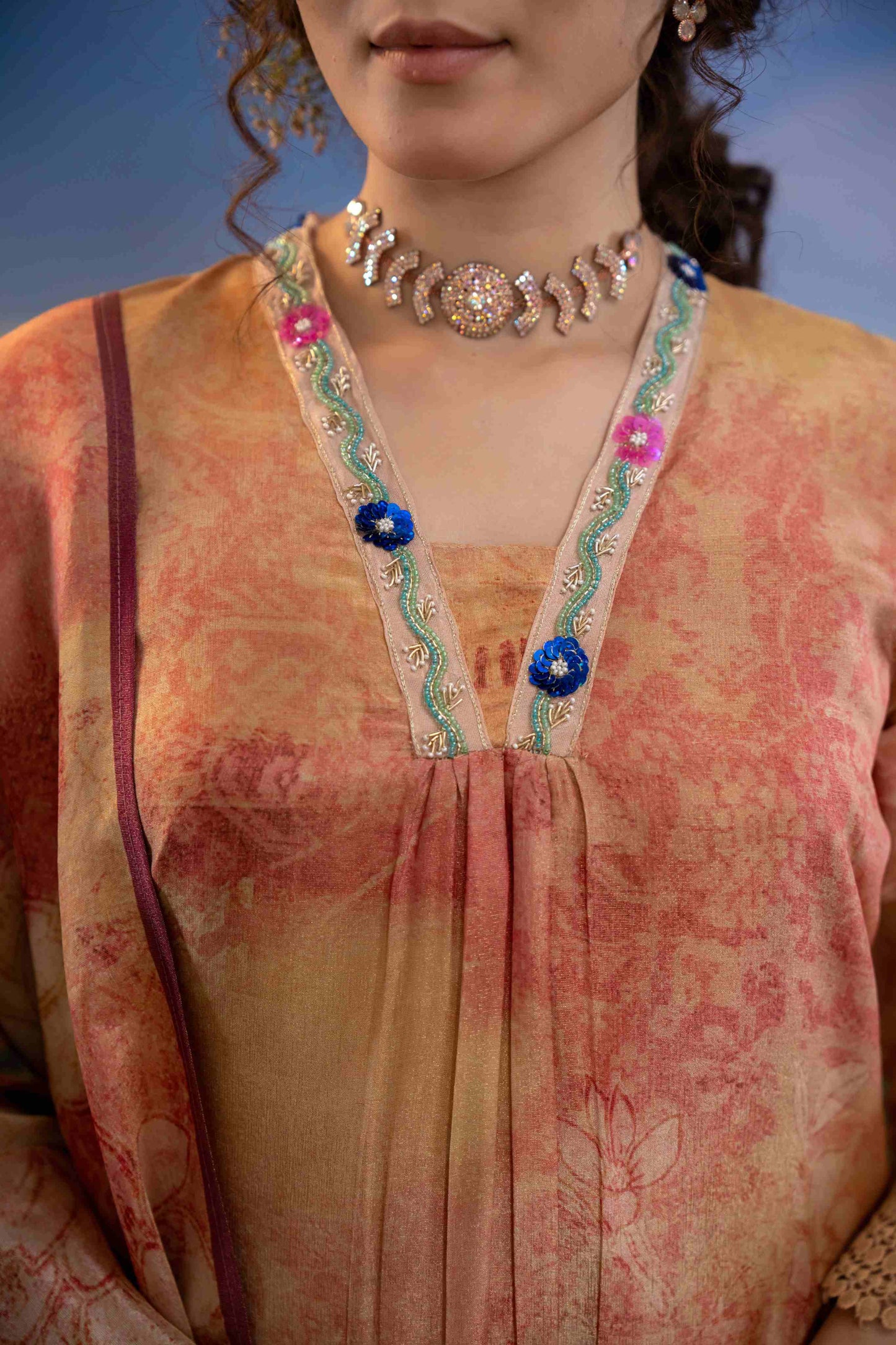 Peach Sunset Floral Muslin 3-Piece Kurta Set with Dupatta