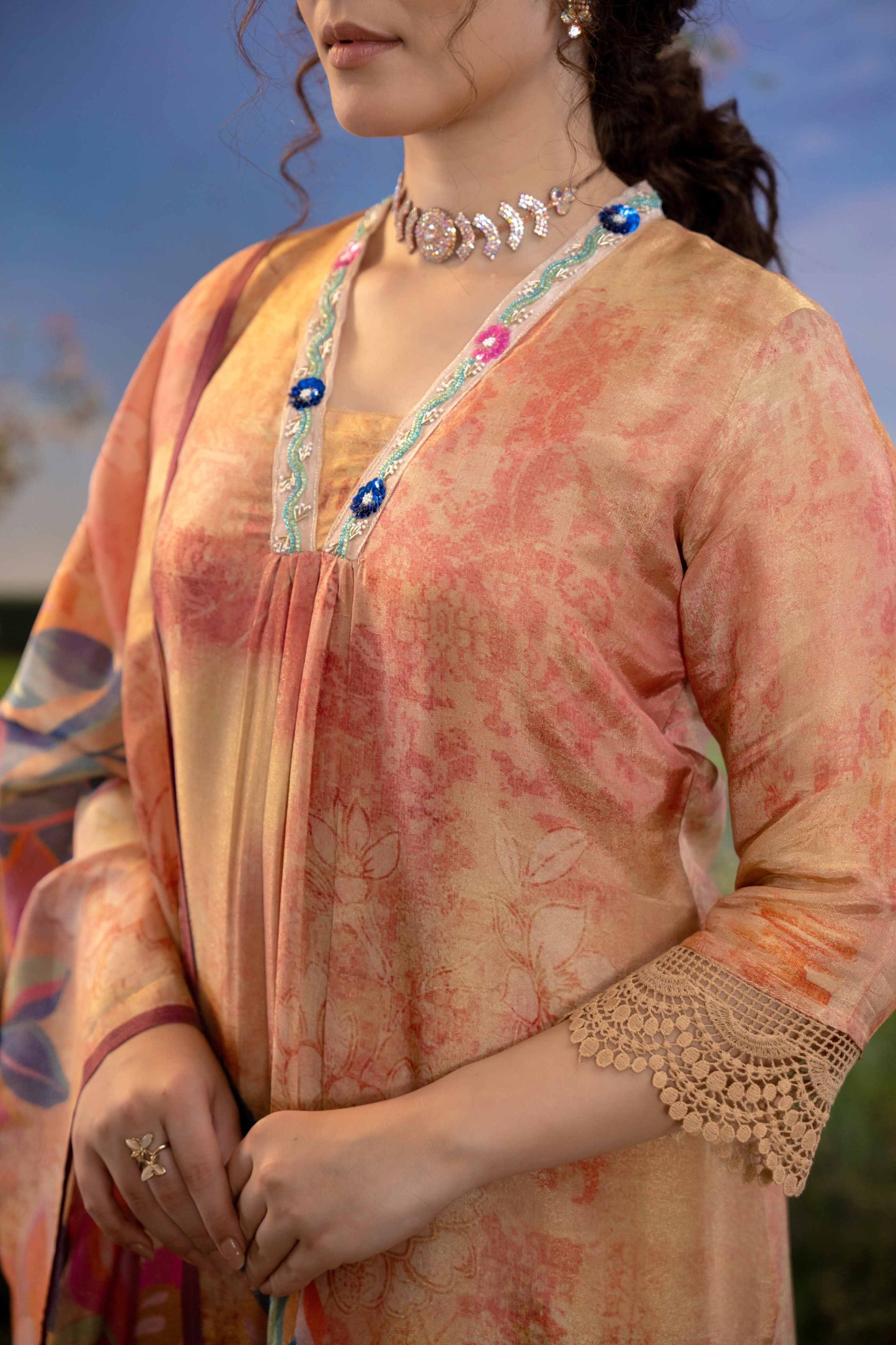 Peach Sunset Floral Muslin 3-Piece Kurta Set with Dupatta