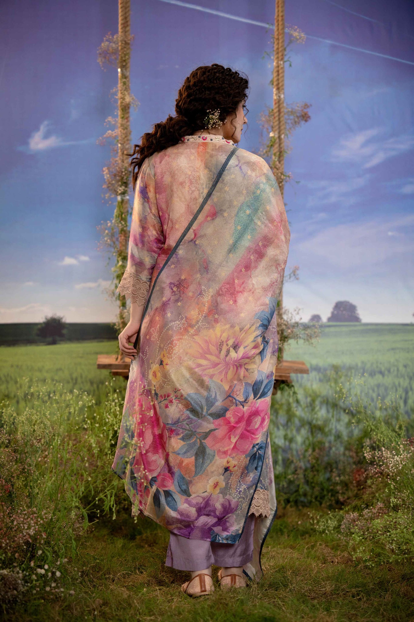Lavender Multicolor Floral Printed Muslin 3-Piece Kurta Set with Dupatta