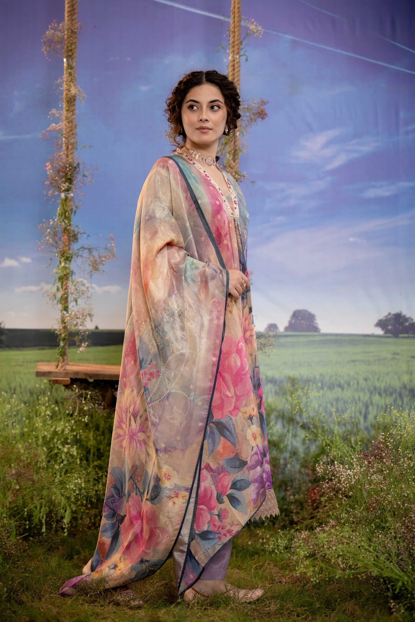 Lavender Multicolor Floral Printed Muslin 3-Piece Kurta Set with Dupatta