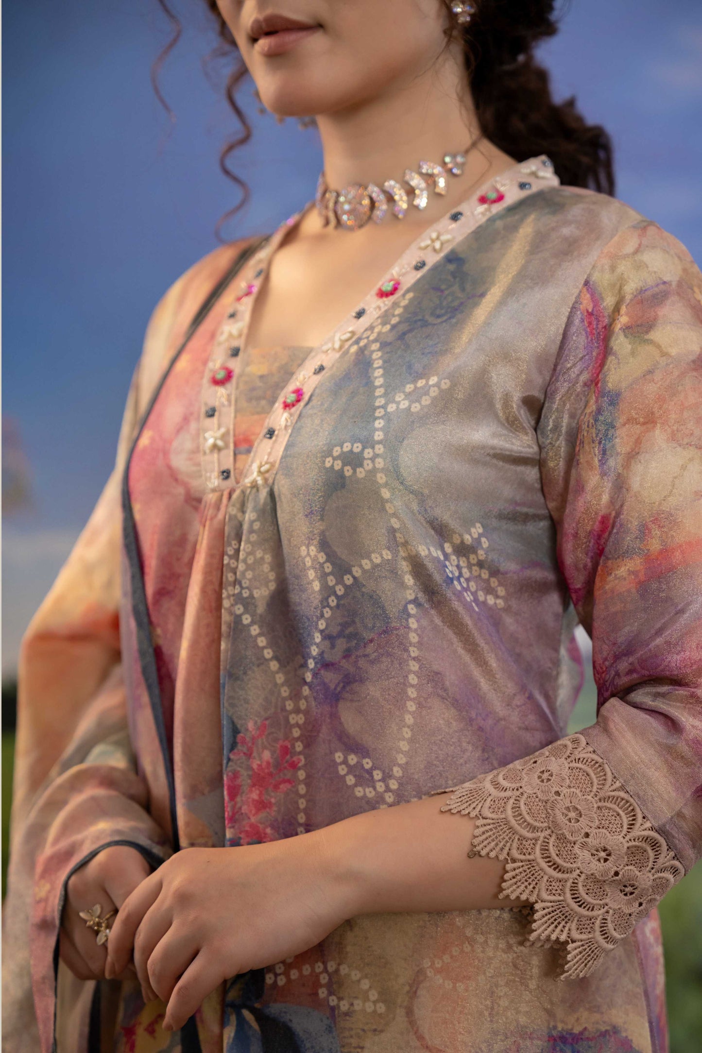 Lavender Multicolor Floral Printed Muslin 3-Piece Kurta Set with Dupatta