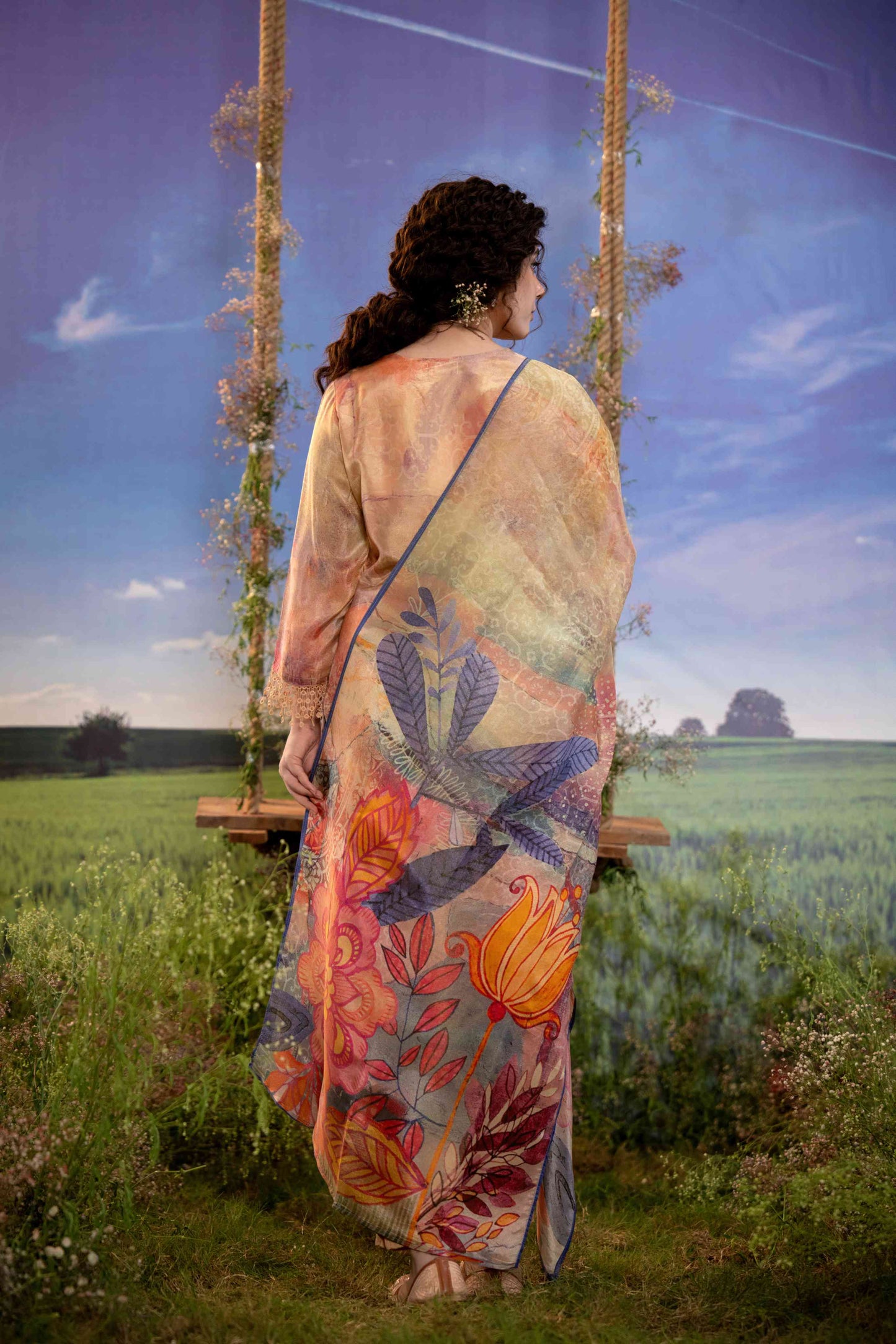 Beige & Sunset-Toned Floral Muslin 3-Piece Suit Set