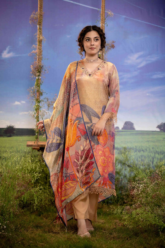 Beige & Sunset-Toned Floral Muslin 3-Piece Suit Set