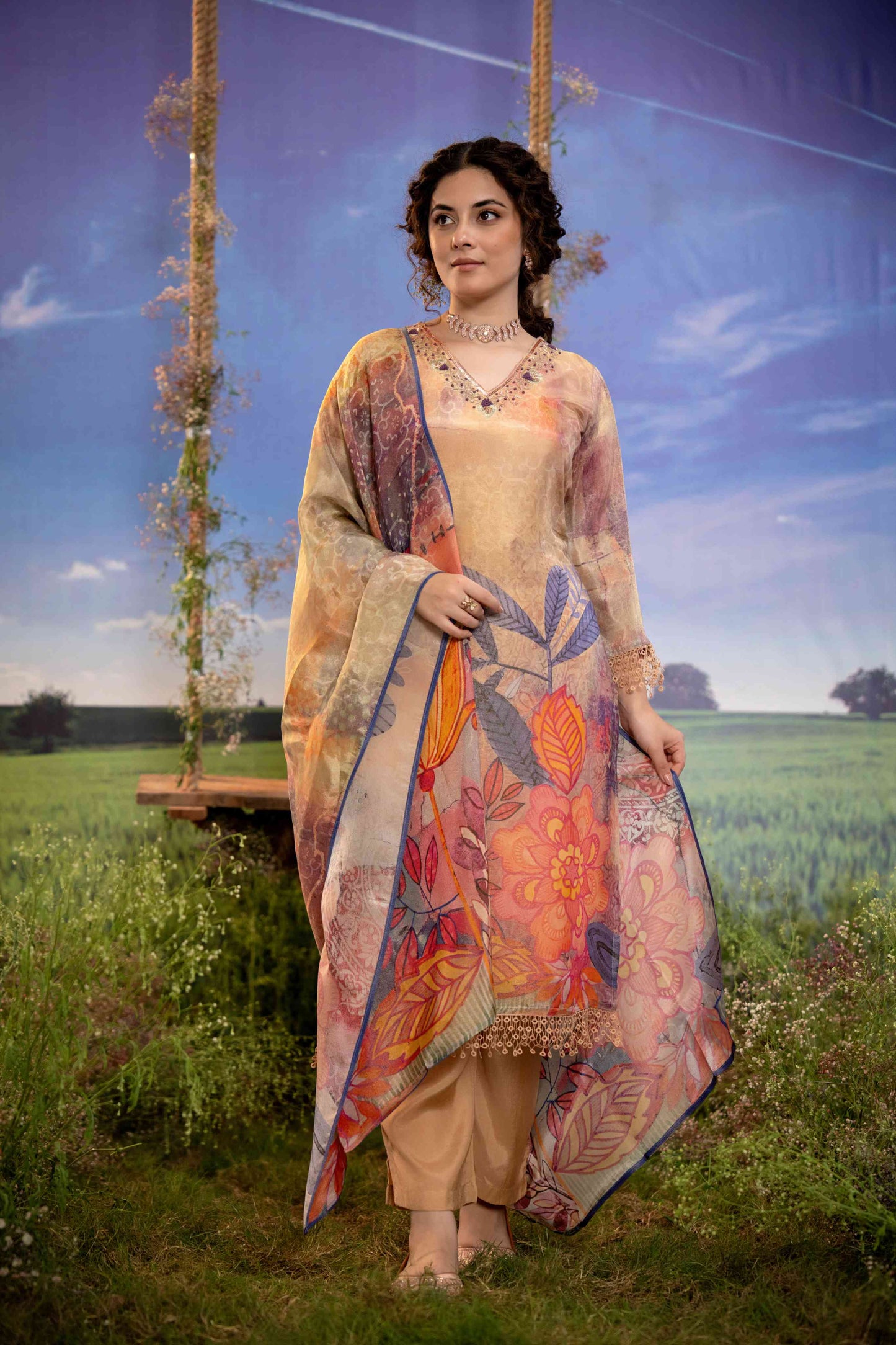 Beige & Sunset-Toned Floral Muslin 3-Piece Suit Set