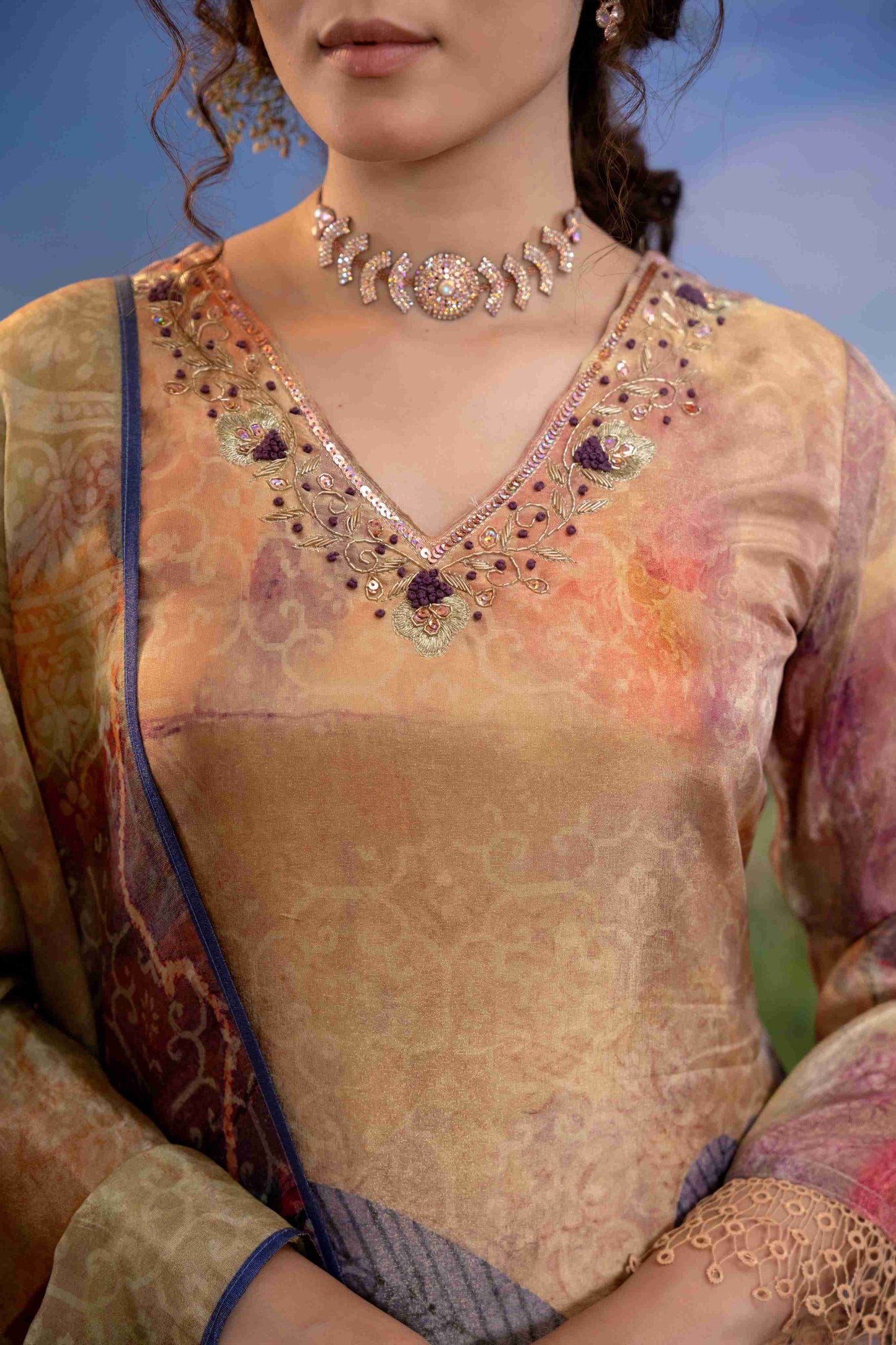 Beige & Sunset-Toned Floral Muslin 3-Piece Suit Set