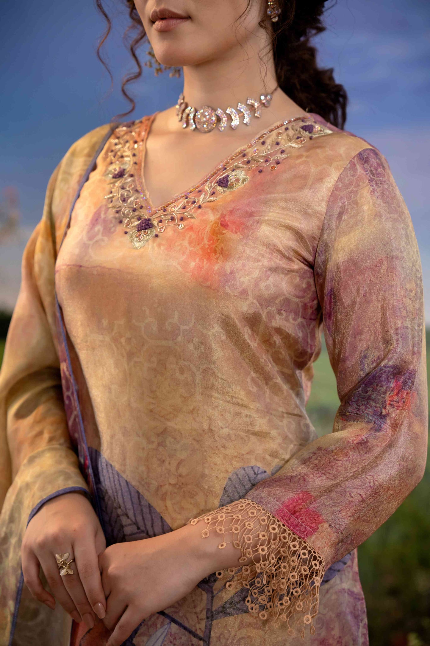 Beige & Sunset-Toned Floral Muslin 3-Piece Suit Set