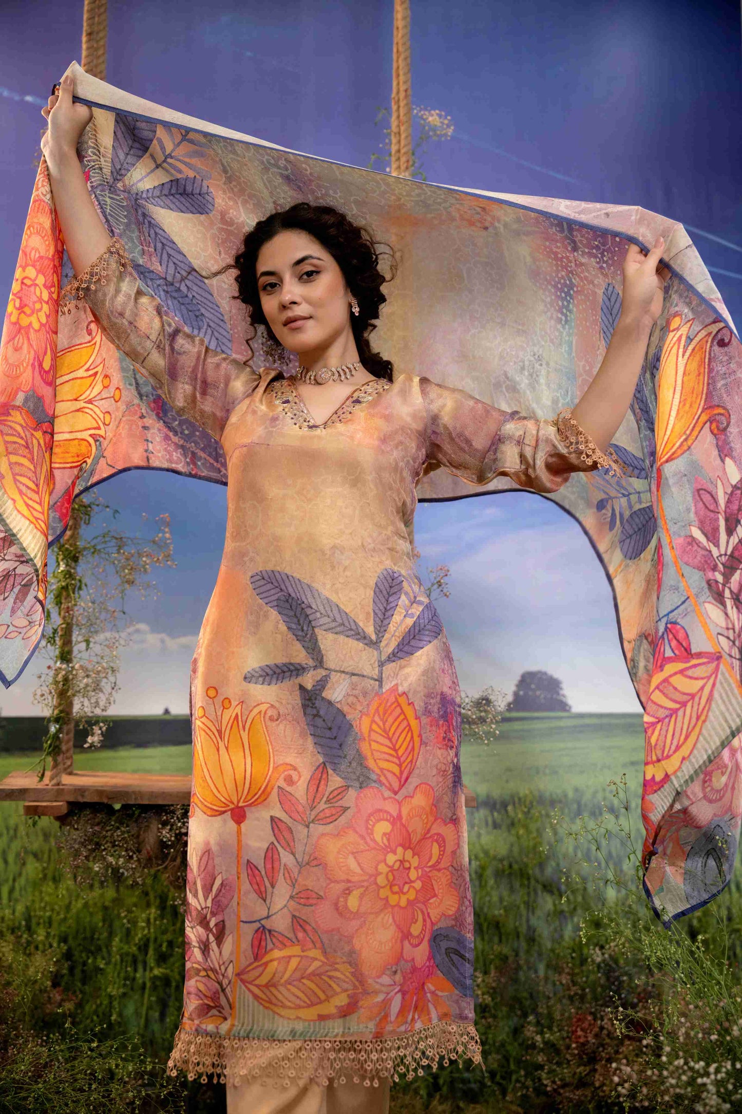 Beige & Sunset-Toned Floral Muslin 3-Piece Suit Set