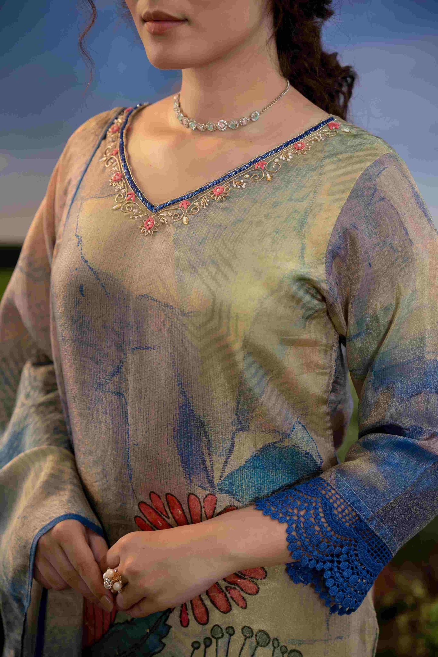 Smoky Grey Multicolor Floral Muslin 3-Piece Kurta Set with Dupatta