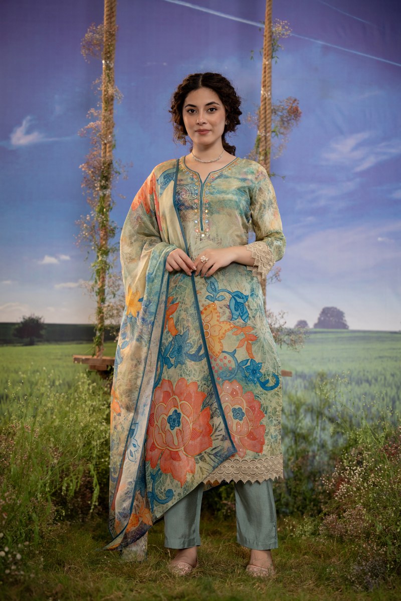Ocean Bloom Muslin 3-Piece Embroidered Suit Set