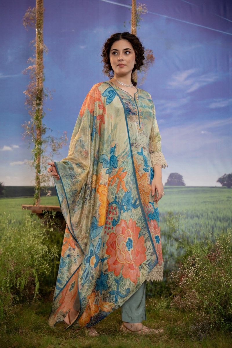Ocean Bloom Muslin 3-Piece Embroidered Suit Set