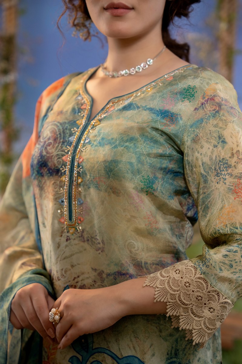 Ocean Bloom Muslin 3-Piece Embroidered Suit Set