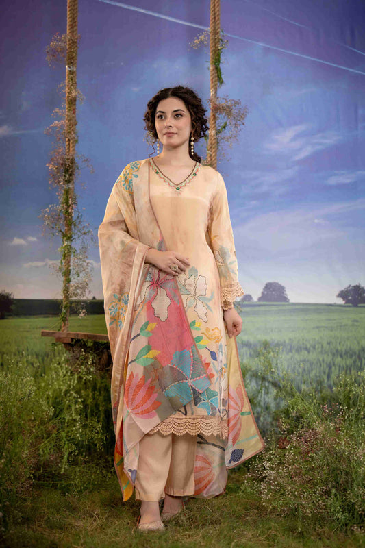 Blush Beige Multicolor Floral Printed Muslin 3-Piece Kurta Set