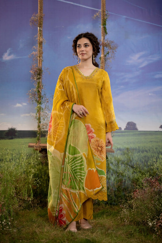 Mustard Yellow Hand-Painted Floral Muslin 3-Piece Kurta Set with Dupatta