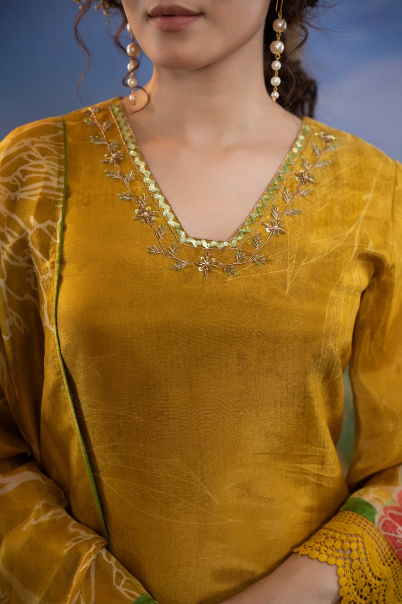 Mustard Yellow Hand-Painted Floral Muslin 3-Piece Kurta Set with Dupatta