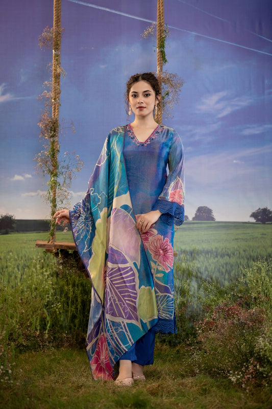 Iris Blue Hand-Painted Floral Muslin 3-Piece Kurta Set with Dupatta