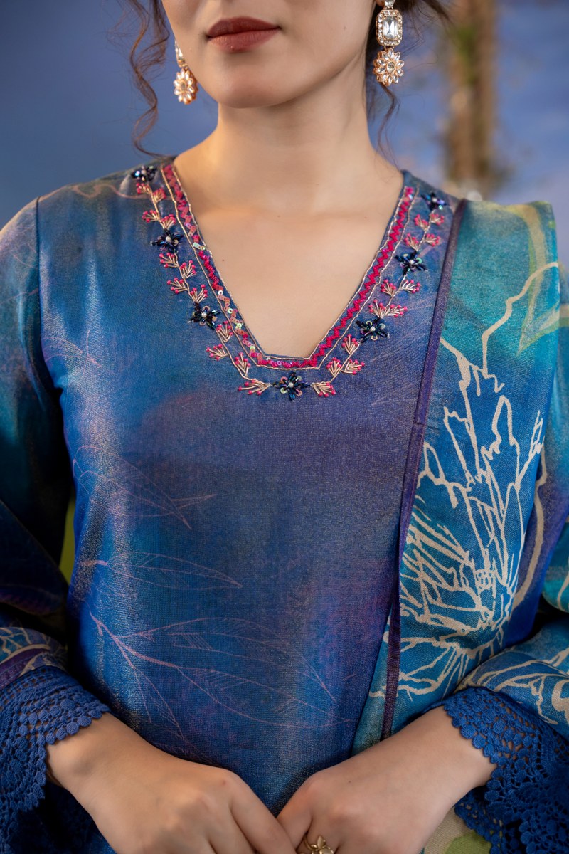 Iris Blue Hand-Painted Floral Muslin 3-Piece Kurta Set with Dupatta