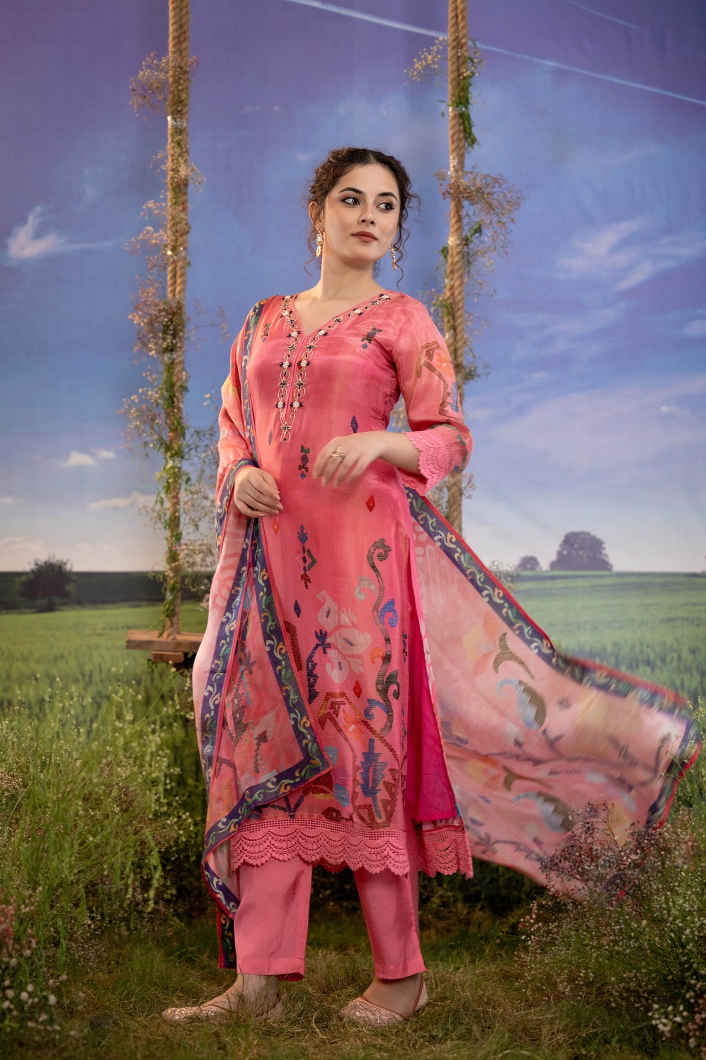 Blush Rose Muslin 3-Piece Embroidered Kurta Set