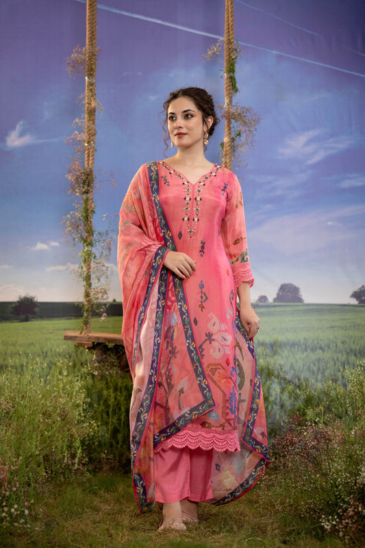 Blush Rose Muslin 3-Piece Embroidered Kurta Set