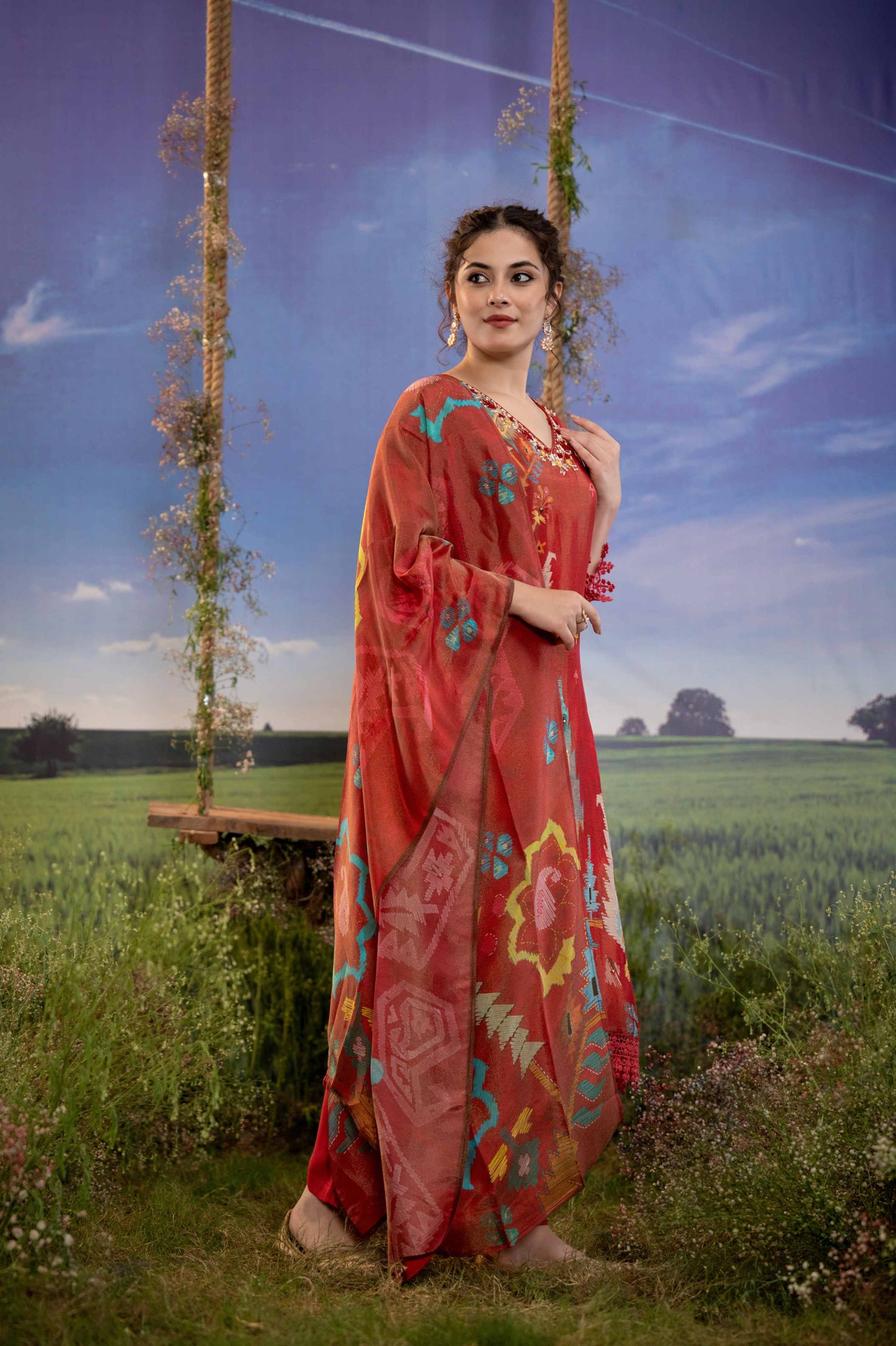 Crimson Mosaic Muslin 3-Piece Embroidered Suit Set