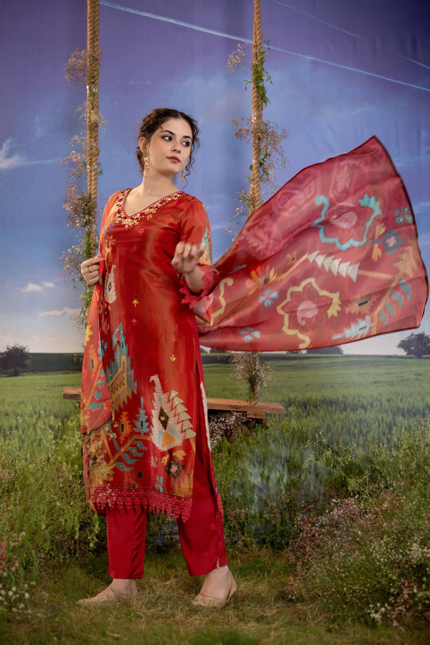 Crimson Mosaic Muslin 3-Piece Embroidered Suit Set