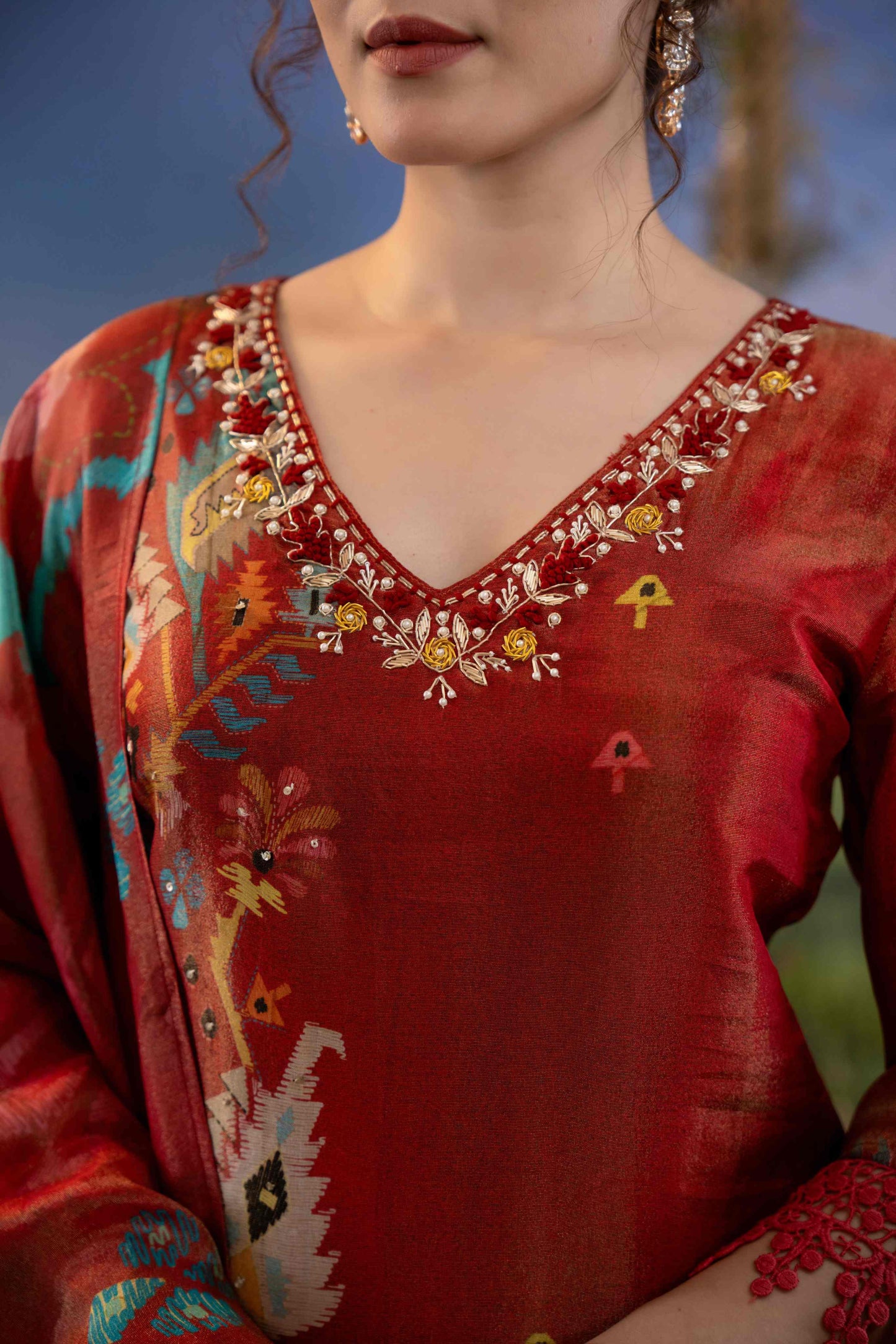 Crimson Mosaic Muslin 3-Piece Embroidered Suit Set