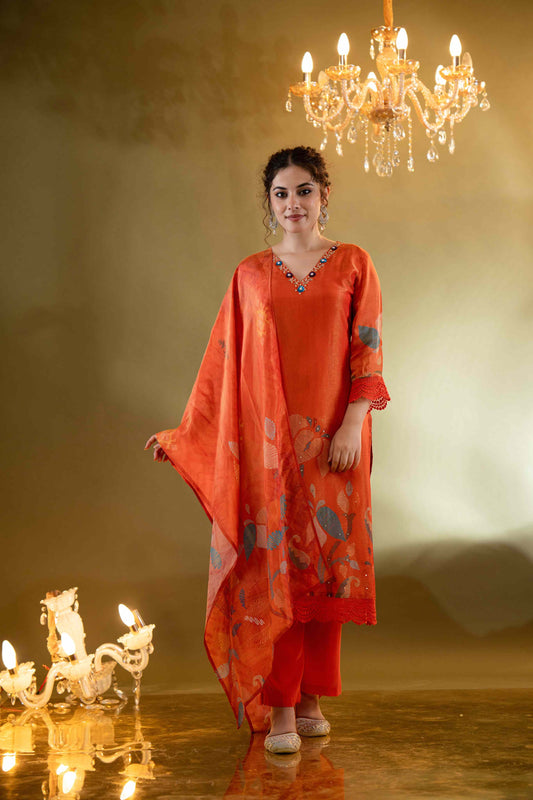 Fiery Tangerine Muslin 3-Piece Kurta Set
