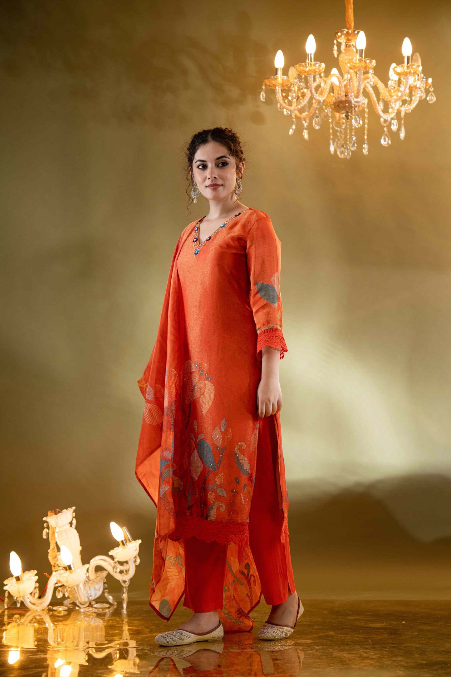 Fiery Tangerine Muslin 3-Piece Kurta Set