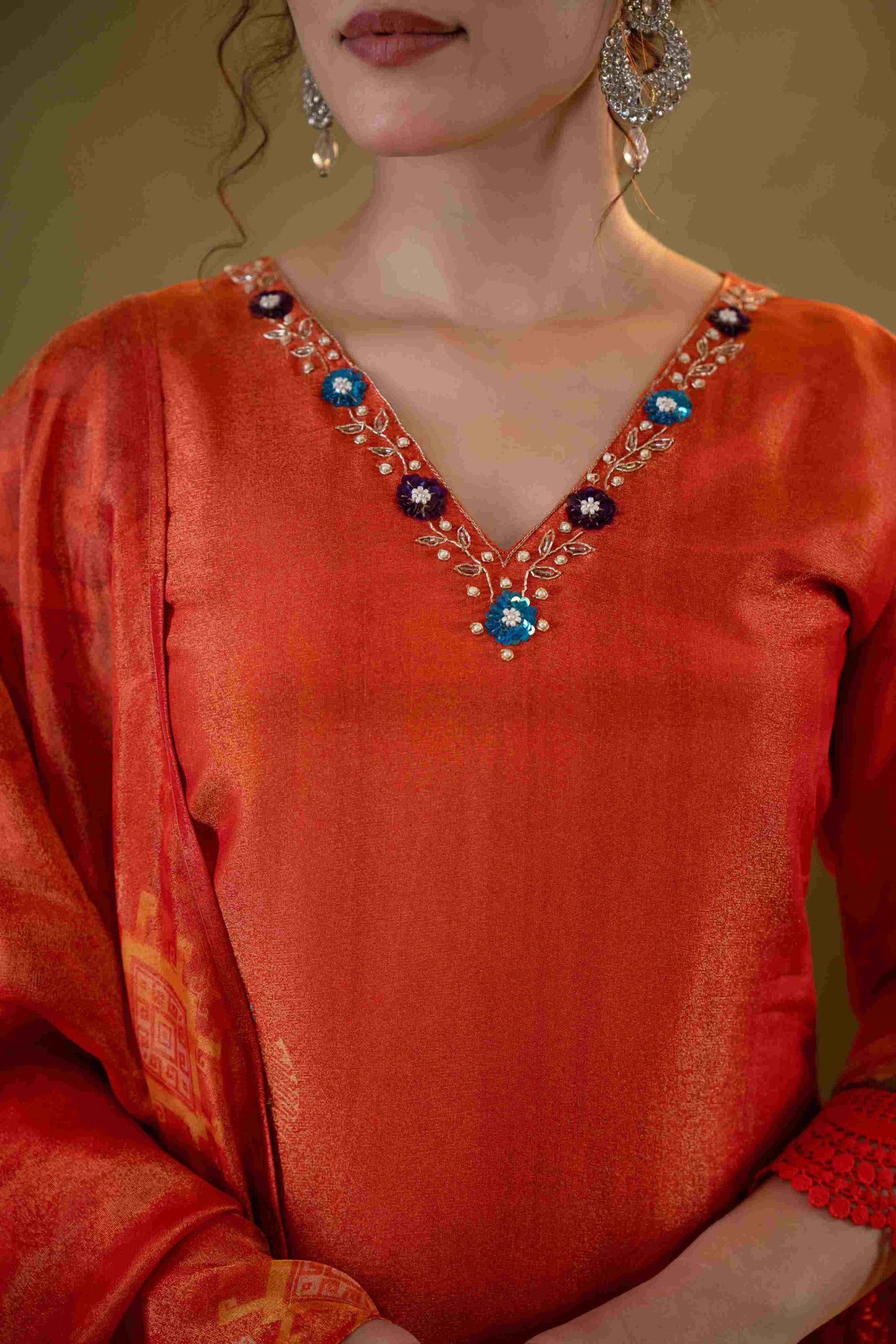 Fiery Tangerine Muslin 3-Piece Kurta Set
