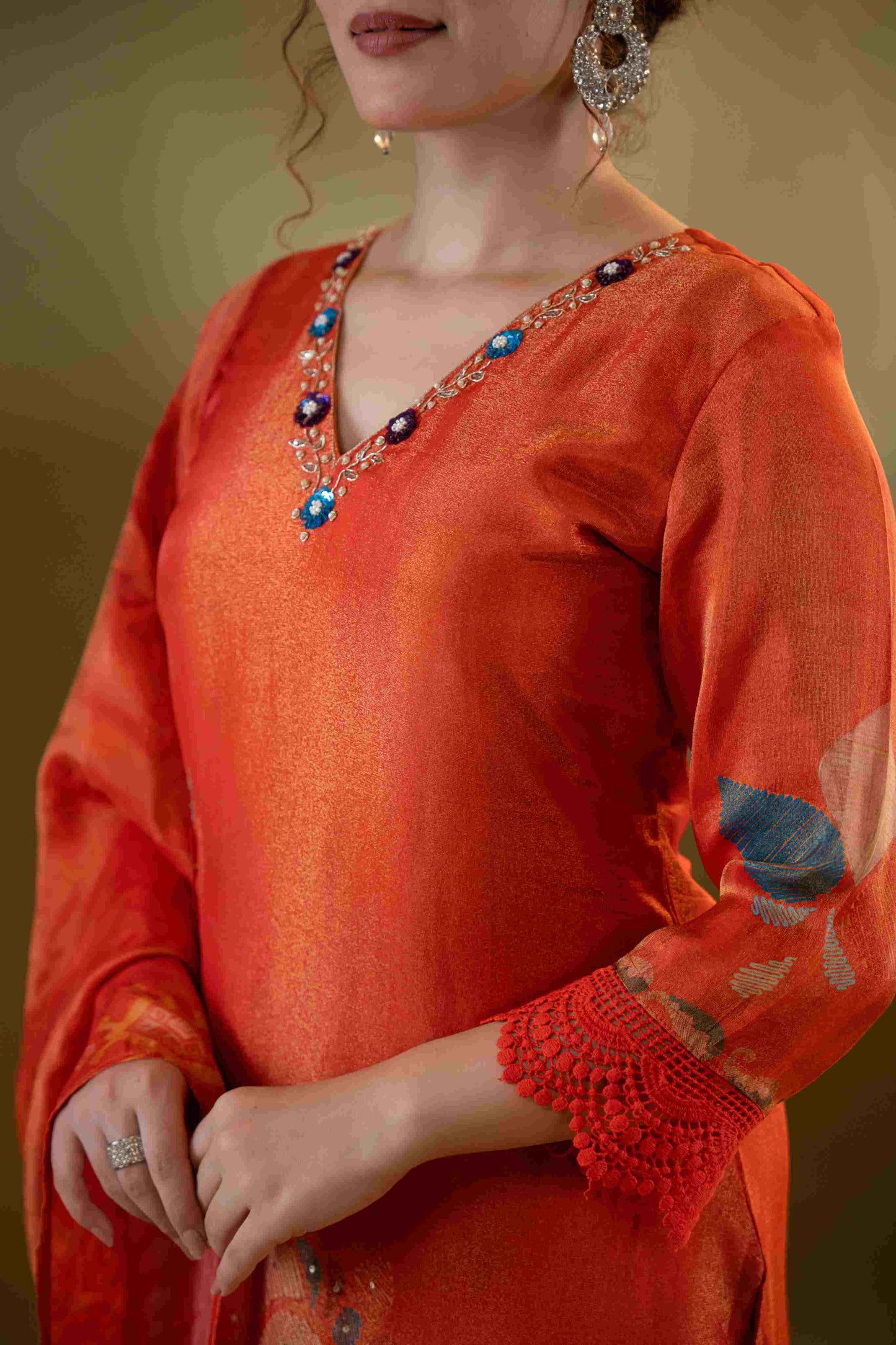 Fiery Tangerine Muslin 3-Piece Kurta Set