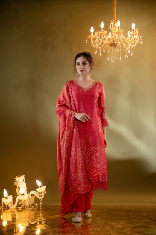 Crimson Red Printed Muslin 3-Piece Kurta Set with Dupatta