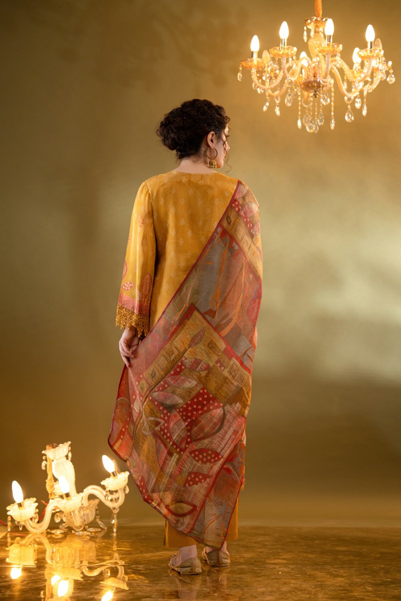 Mustard Yellow Printed Muslin 3-Piece Kurta Set with Ornate Dupatta