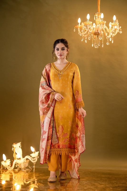 Mustard Yellow Printed Muslin 3-Piece Kurta Set with Ornate Dupatta
