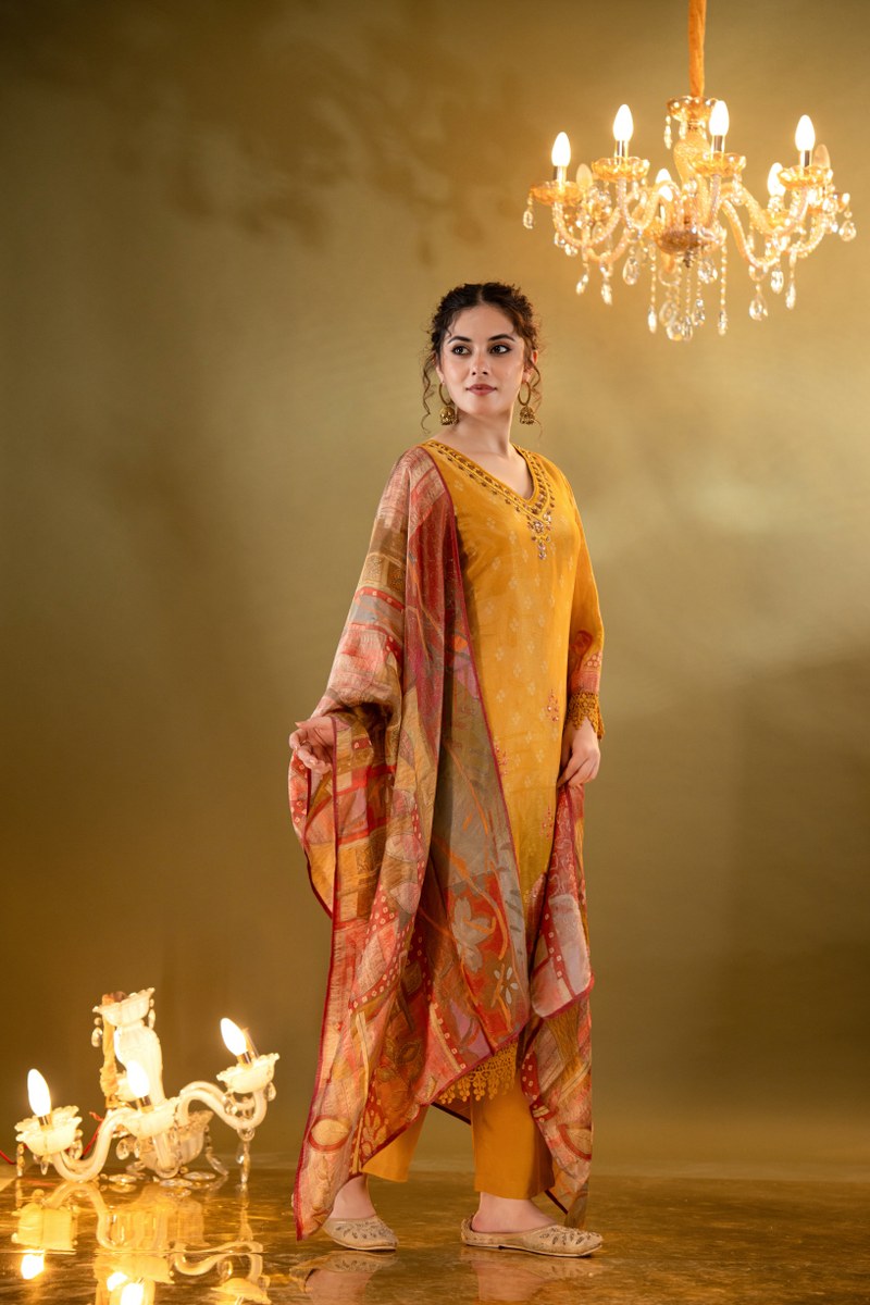 Mustard Yellow Printed Muslin 3-Piece Kurta Set with Ornate Dupatta
