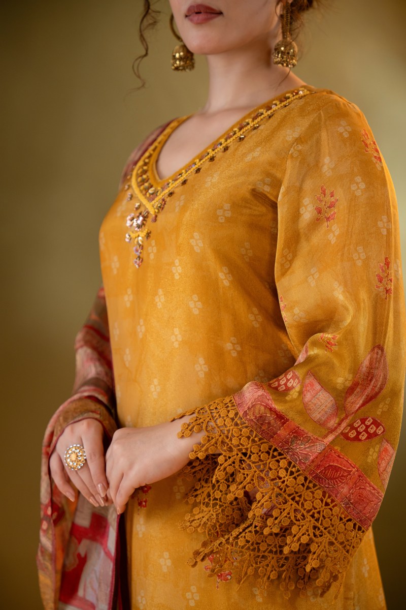 Mustard Yellow Printed Muslin 3-Piece Kurta Set with Ornate Dupatta